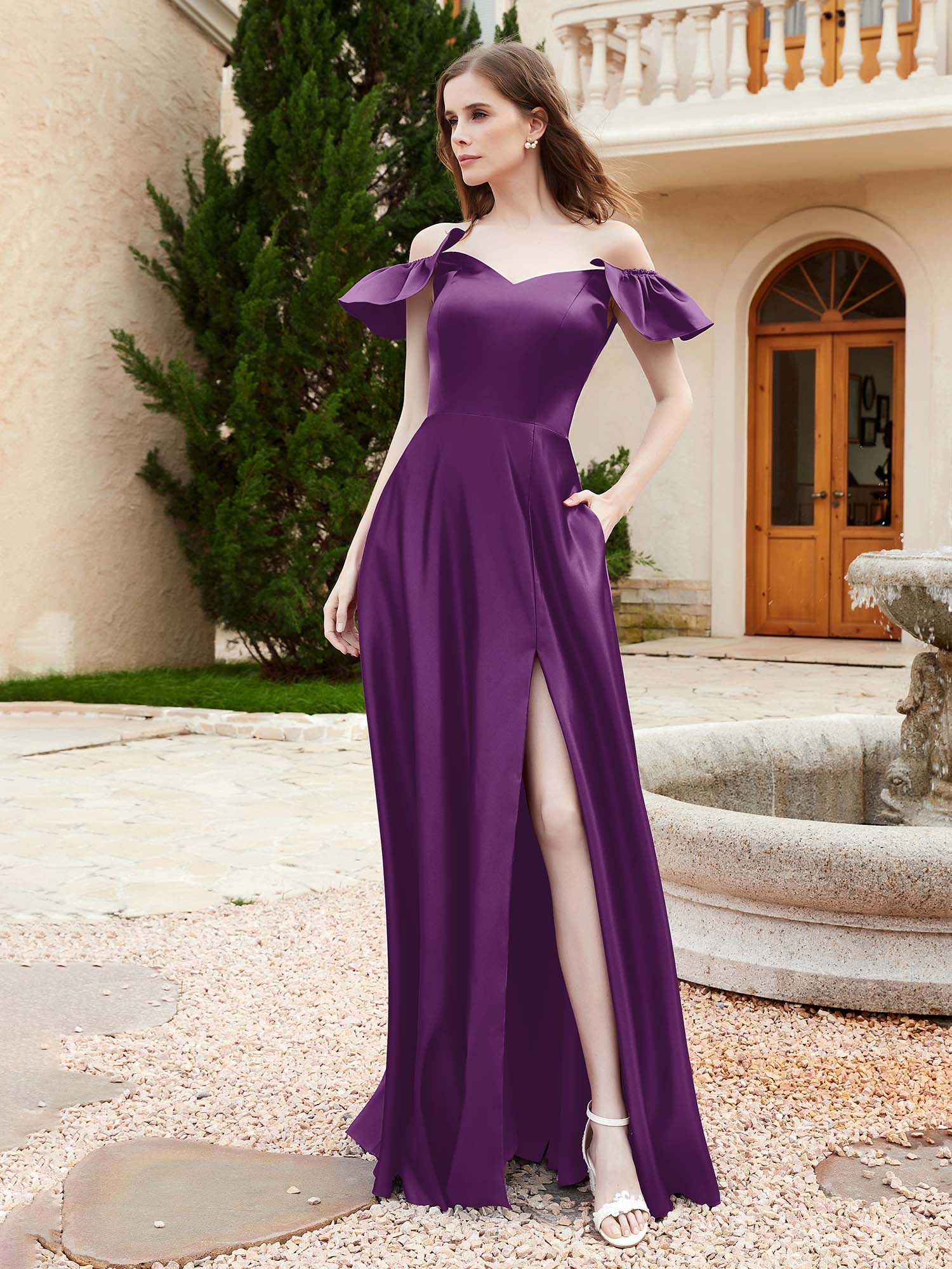 Off Shoulder Flutter Sleeves Satin Dress With Pocket Grape